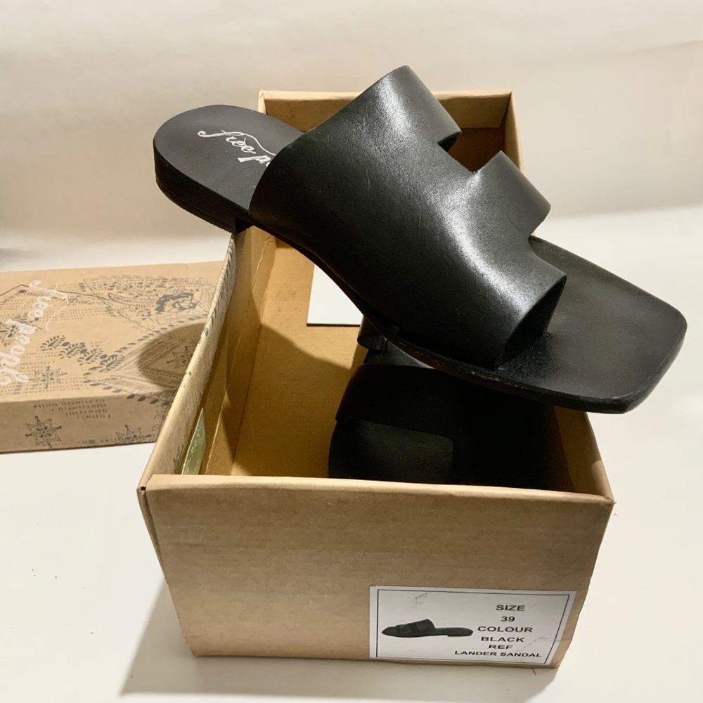 Free People Lander Black Leather Slide Sandal Slip On Flat Mules Summer Shoes 39 - Picture 4 of 9
